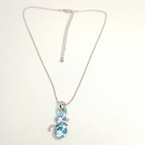 Vintage Blue Rhinestone Cat Pendant Necklace, Silver Tone Adjustable Chain - Picture 2 of 9
